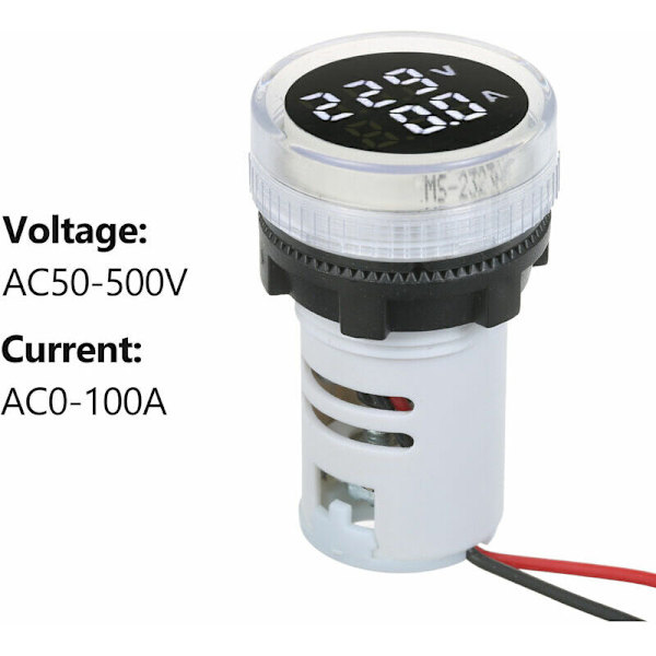 1 stk. Hvid Mini Digital Volt-Ammeter Rund Voltmeter Ammeter Voltm