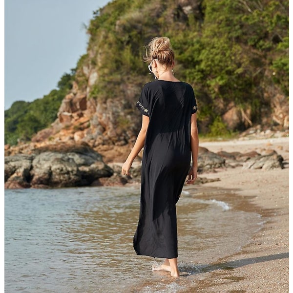 Strandblus för kvinnor Broderad strandklänning Lång klänning Täckklänning Solklänningar Svart