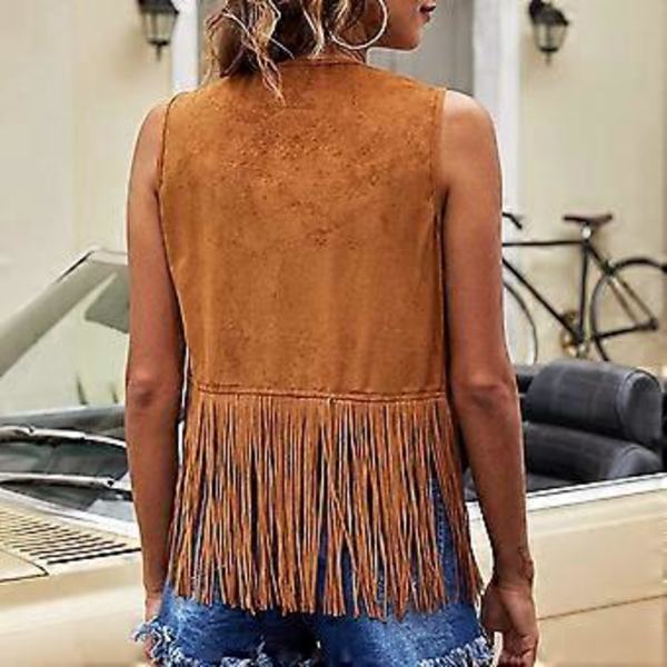 Frynsväst Dam Faux Suedes Cowgirl Kostym Öppen Framsida Tofsar 70-tals Hippie Kläder Sommar Kofta Ytterkläder Streetwear Khaki L L