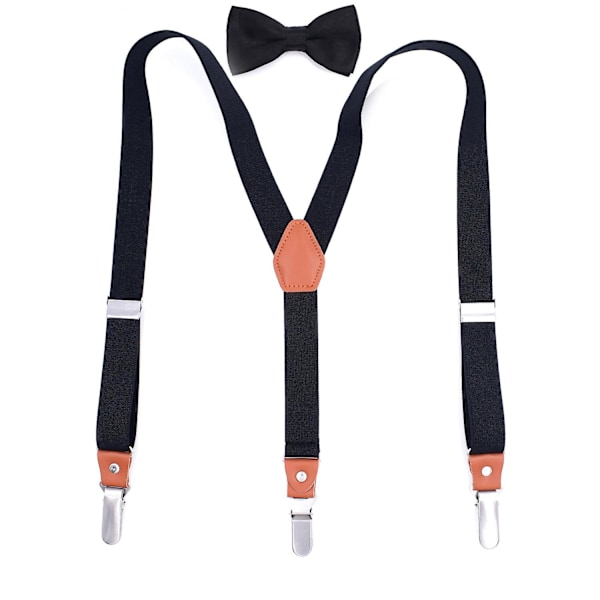 Herr Bow Tie Suspender Set Läder Knapphål Y-formade Klämmor（Svart）