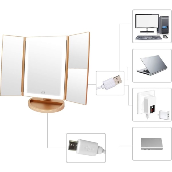 Sminkspegel med belysning, 1X/2X/3X förstoring Trippel Touch Scr