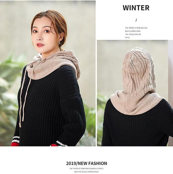 Vinterhatte til kvinder, varm hættehue til kvinder Balaclava pullover strikket hue med snøre (kamel)