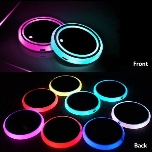 LED-kopholderlys til bil, 7 farver skiftende USB-opladningsplade vandtæt kopmåtte, LED-indvendig atmosfærelampe dekorationslys bilaccessoirer (2 stk.)