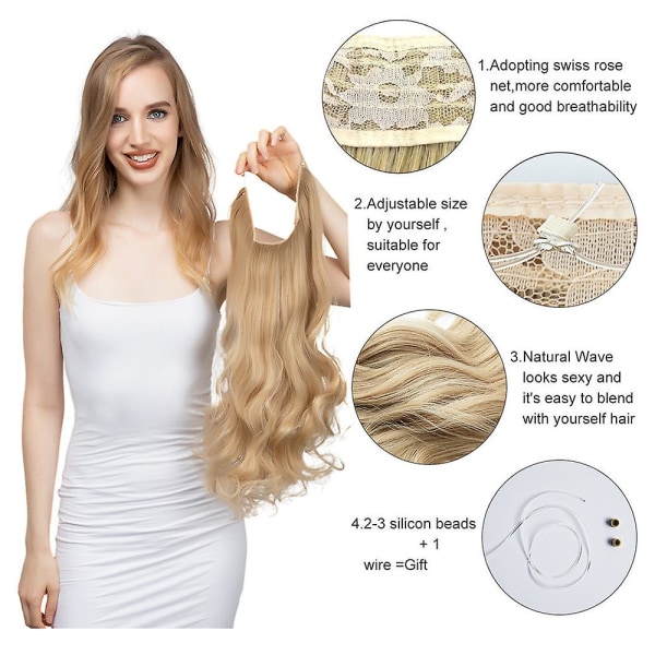 Justerbart pannband osynligt hårförlängning av tråd framhäver långt lockigt syntetiskt hårstycke för kvinnor Värmebeständig fiber（16 tum）
