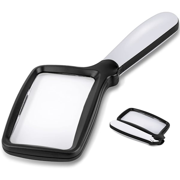Foldbar håndholdt forstørrelsesglas med lys, 3x stort rektangulært læsefelt