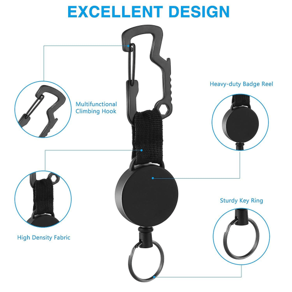 2 stk. Inntrekkbar nøkkelring Heavy Duty Utvidbar Lanyard med belteklips, Daygos Badge Reel Clips for ID-kort Holder