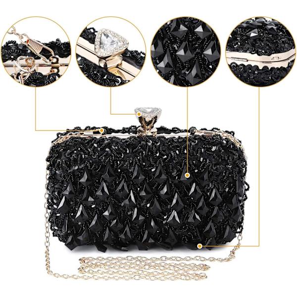 Elegant Luksus Dame Clutch Kveldveske Lommebok Liten Bryllupsveske med Avtakbar Kjede Svart Rhinestone Veske