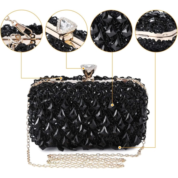 Pochette Sac de soirée Femme Élégante Luxe Portefeuille Petit Sac de Mariage avec Chaîne Détachable Sac en Strass Noir