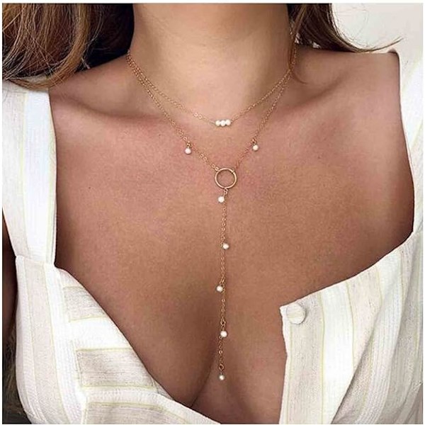 2 stk. Boho Circle Bead Halskæde Guld Lang Kæde Halskæde Tiny Pear