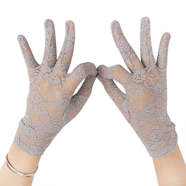 Eleganta spets handskar för kvinnor, helfinger korta brudtärnshandskar för bröllop, fest, bal, maskeradbal (grå)