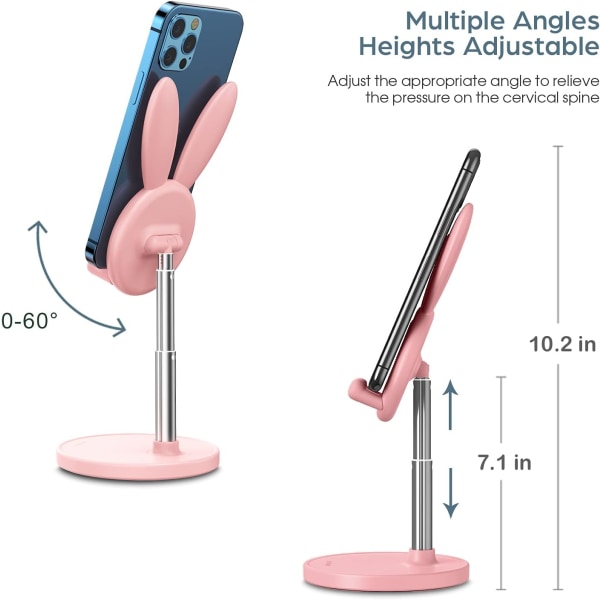 Söt kanin mobiltelefonhållare, höjdjusterbar mobiltelefonhållare för skrivbord, tjock telefonhållare kompatibel med iPhone, Kindle, iPad, Switch, surfplattor, alla telefoner (rosa)