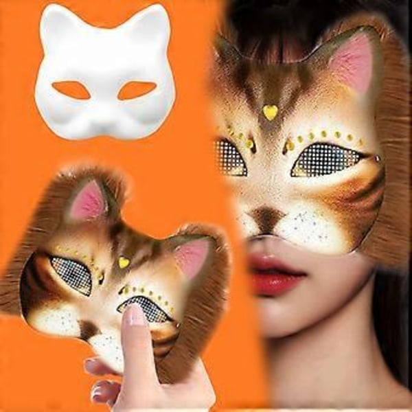 Handmålade Kattmasker Djurmaskset Maskeradmask Blank Mask med Plyschtyg Halloweenfestmask för Vuxna Set 2