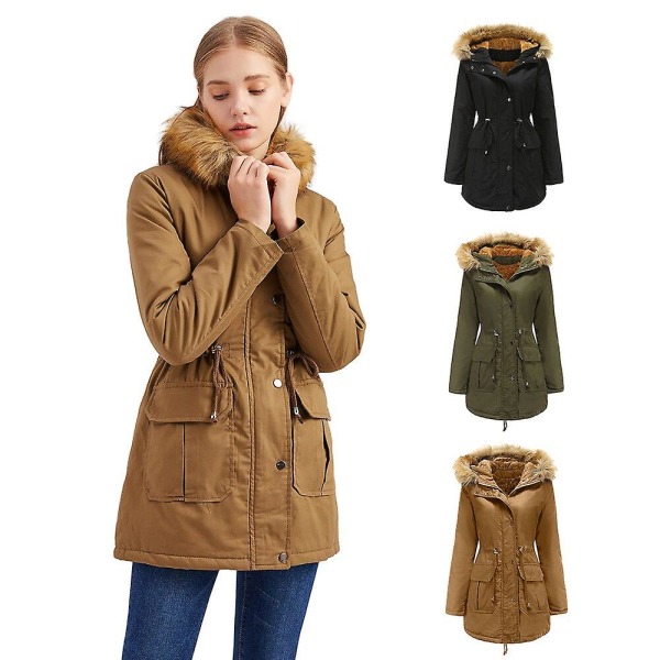 Women Hooded Winter Warm Coat With Faux Fur Lined Outerwear Jacket（L Black）