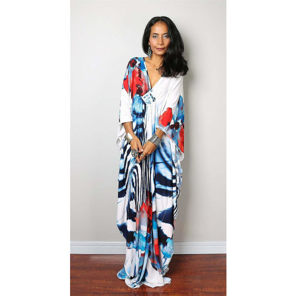 Kvinnors tryckta maxiklänning fladdermusärm strandklänning plus size solklänning strandkläder kaftan cover-ups Dn0508