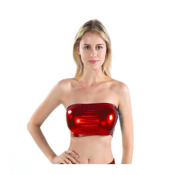 Dam glänsande metallisk spandex bröst Tube Mini BH Topp Super Crop Top Dancewear Clubwear S Röd