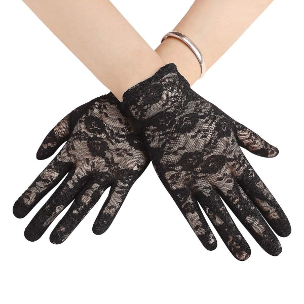 Women Elegant Lace Gloves Full Finger Short Bridesmaid Bridal Gloves For Wedding Evening Prom Fancy Dress Costume Ball Party（Black）