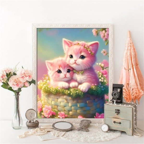 DIY - diamond painting , 12x16tum, två rosa katter