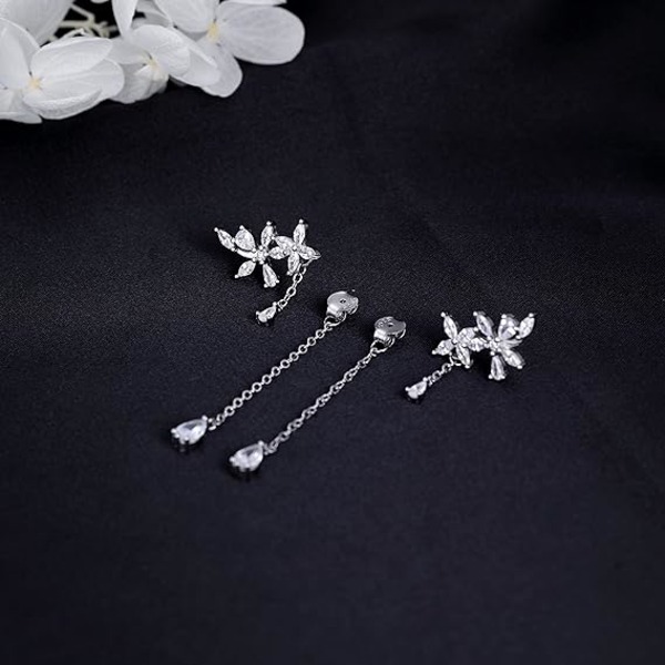 925 Sterling Sølv CZ Blomster Dangle Øredobber Kjede for Kvinner Tee