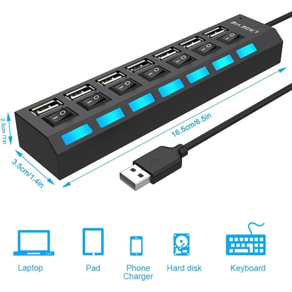 Multi-Port USB-splitter, 7-Port USB 2.0-hub, USB A-datahub med