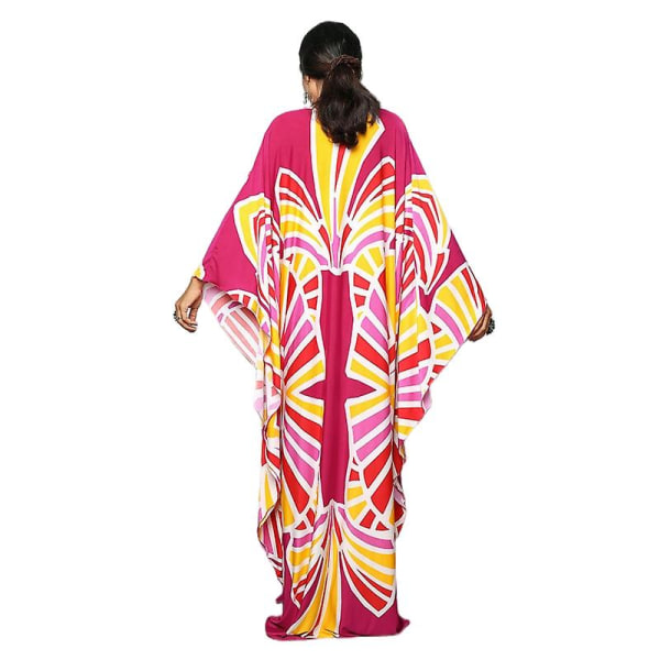 Maxiklänning med print för damer Batwing Sleeve Beach Dress Plus Size Sundress Beachwear Kaftan Cover-ups Dn0525