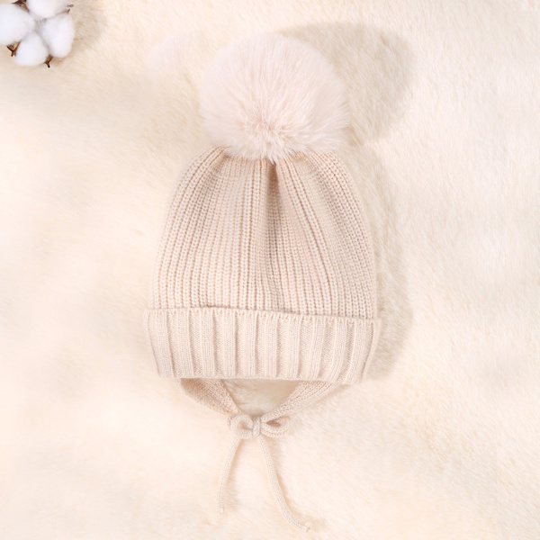Børne strikket hue med justerbare fletørevarmere og varm fleece babyhue (Khaki)