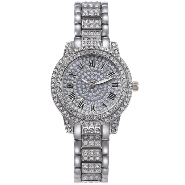 Watch herr och dam All Diamond watch+ armband dam vintage romersk stålplåt watch (silver)
