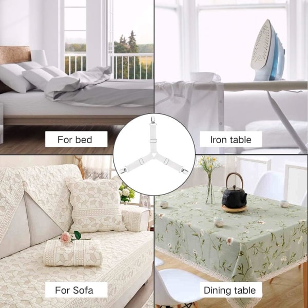 Sett med 4 hvite justerbare trekant elastiske bånd for laken, M