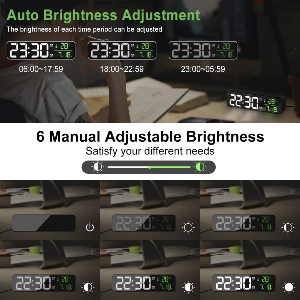 Digital vekkerklokke, veggklokke morgen vekkerklokke LED digitalt stort speil med temperaturdato, 2 alarm, 40 musikk, 6 variabel lysstyrke, hvit