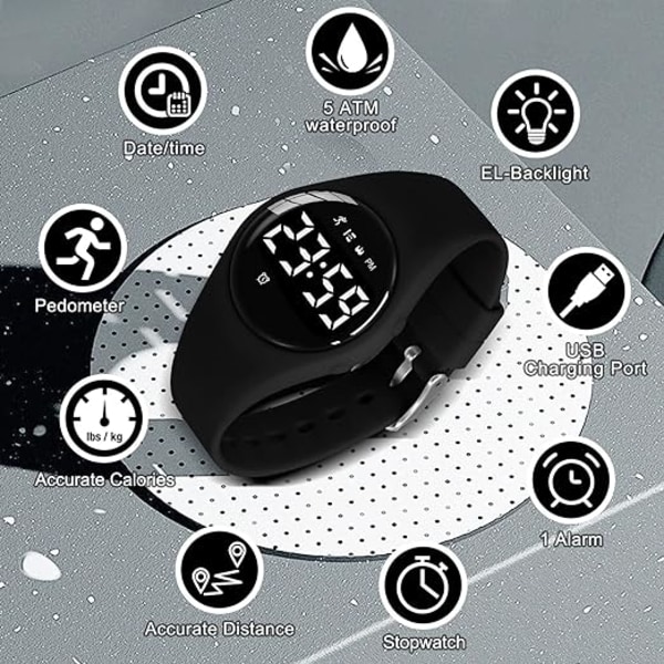 Svart klokke for barn, digital treningsklokke for tenåringer med alarm/kronograf