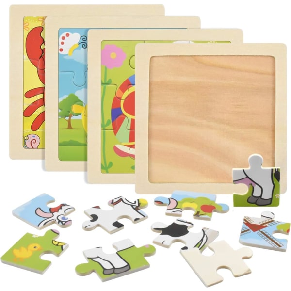 Træpuslespil til småbørn, Mini Kids Jigsaw Toy, 4 pakker med 9 brikker