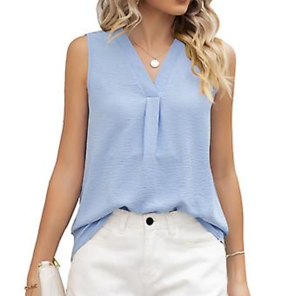 Ärmlös damtopp V-ringad enfärgad lös passform andningsbar trendig sommartopp (MSky Blue) Sky Blue M