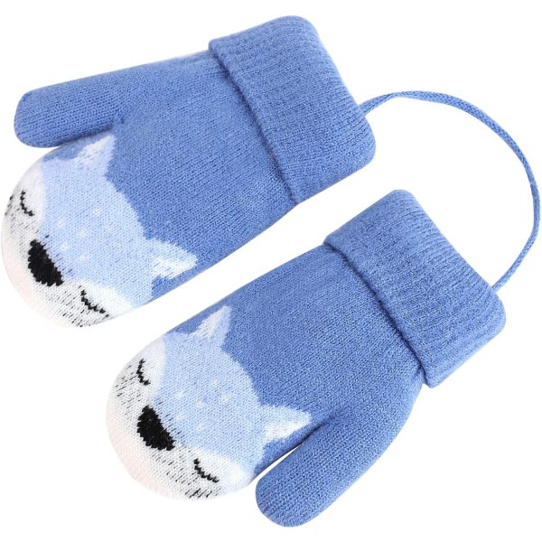 Baby Mittens Knitted Gloves Winter Gloves for Boy and Girl Cute Fox Pattern Warm Mitten with Rope Soft and Comfortable Anti-Shedding Double Layer Thermal Gloves for 3 Years Old Kids (Blue)