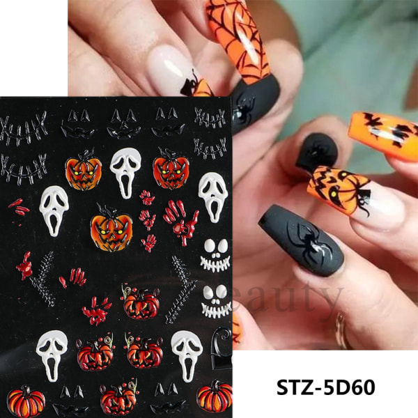 5 Nail Art Stickers Halloween Skull Spider Bones Pumpkin Embossed