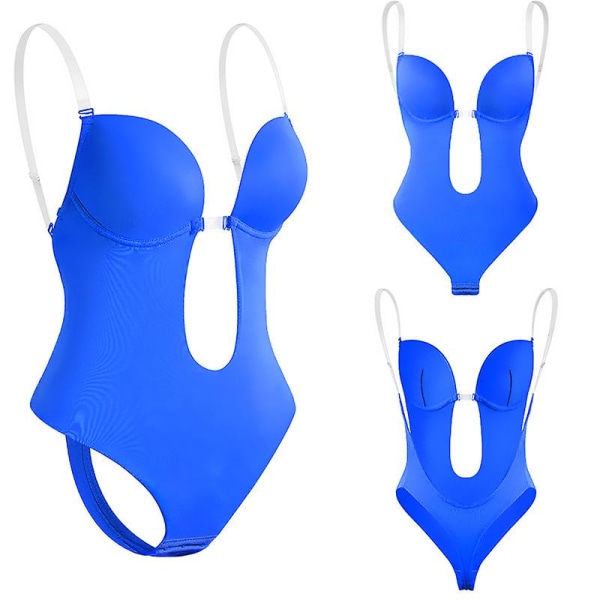 Kvinder dykker dyb V-udskæring Body Shaper Rygløs BH Bodysuit Shapewear U Plunge Seamless Thong Hele Bodysuits Blå（M）