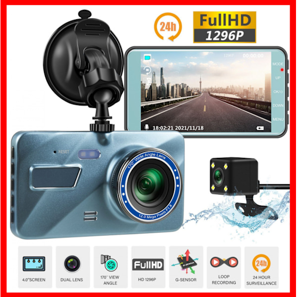 Bilens främre och bakre bilkamera, 3,8 tum HD 1080P dashcam