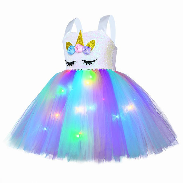 Prinsesse Tutu LED Enhjørning Kjole for Jenter Regnbue Lysende Kostymer（L(5-6Y) Regnbue）