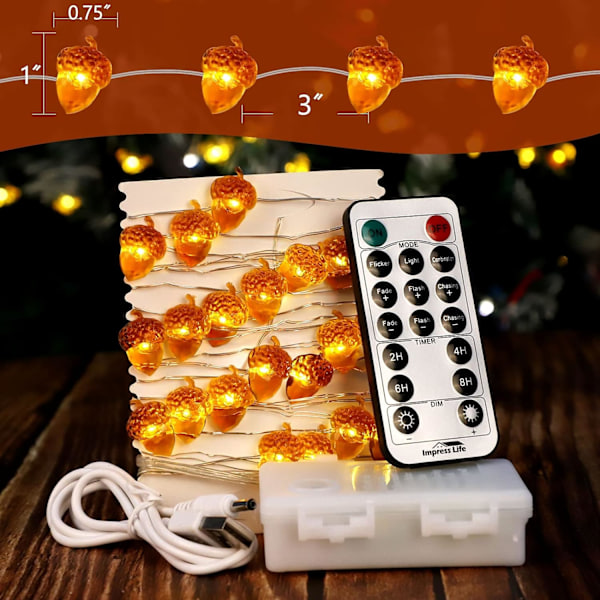 Julelys, 10ft sølvtråd agern 40 LED batteridrevet med dæmpbar fjernbetjening timer til istid, indendørs udendørs, bryllup, fødselsdag soveværelse pejs pejs juledekorationer