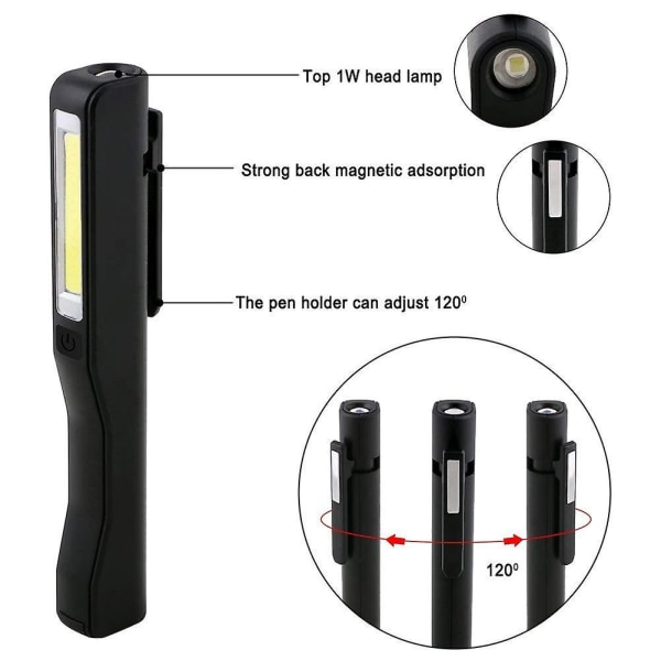 USB uppladdningsbar arbetslampa, 2st inspektionslampa LED-ficklampa, magnetisk clip Ficklampa Cob för hemmet