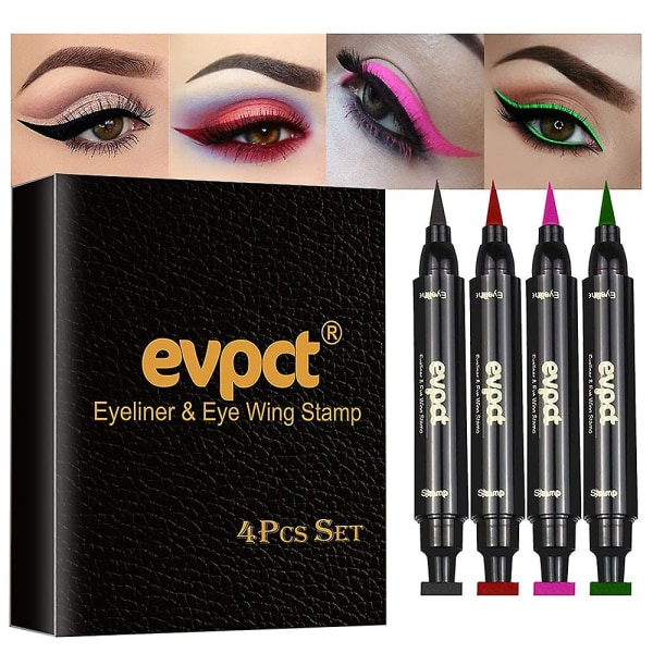 4 väriä siivekäs eyeliner-leimasinsetti, siivekäs vedenpitävä eyeliner-leimasintyökalu Wingliner, musta punainen pinkki vihreä（A）