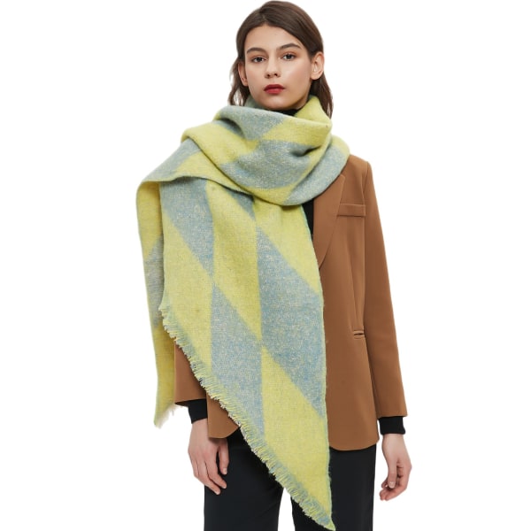 Kantig halsduk för dam stickad sjal, gulgrön, 240x40cm