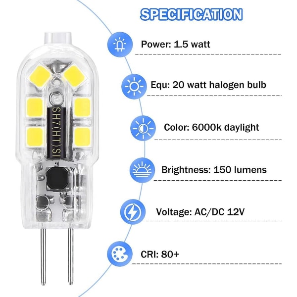 10st G4 LED-lampa, g4 12 lampor AC/dc12v halogenlampor Motsvarar för ljuskrona, vit 6000k-6500k