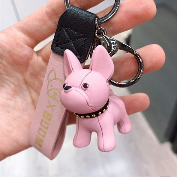 Fransk Bulldog Nyckelring Mode Punk PU Läder Rem Hund Nyckelringar För Kvinnor Väska Hänge Smycken Rosa