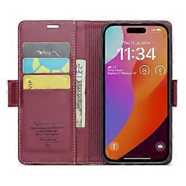 För iPhone 16 Pro Max Läderfodral CASEME 023 RFID-blockerande 3 Kortfack Mobilskal Red