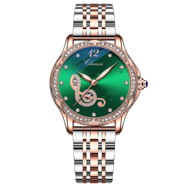 Mekanisk klokke for kvinner Stålbånd Diamond Fashion Glow vanntett klokke (grønn)