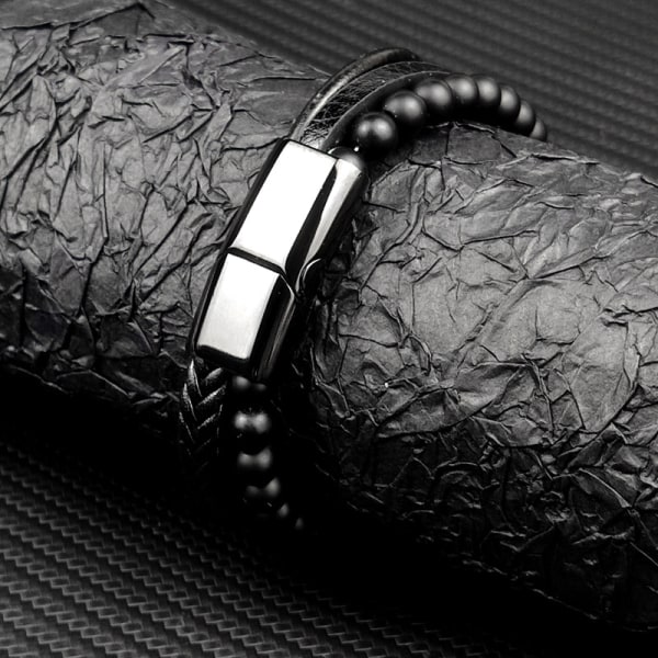 Herrarmband, herr läderarmband natursten armband med rostfritt stål magnetlås