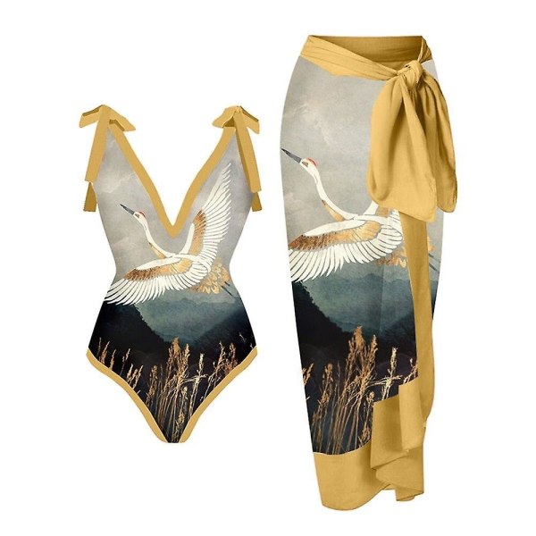 Bikinibaddräkt i ett stycke för kvinnor med cover Strandklänning Y16（L Yellow Crane）