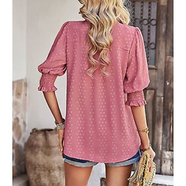 Dam Halv Ärm V-ringad Topp Elegant Trendig Enfärgad Puffärm Elastisk Rynkad Manschett Skjorta Blus (LPink) Pink L