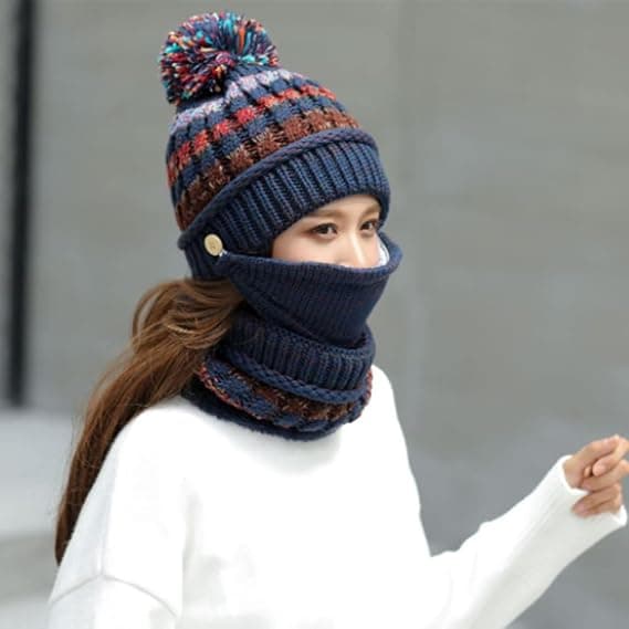 Hette og skjerfsett i strikk for kvinner, vinterhette, tykk heklet bobble