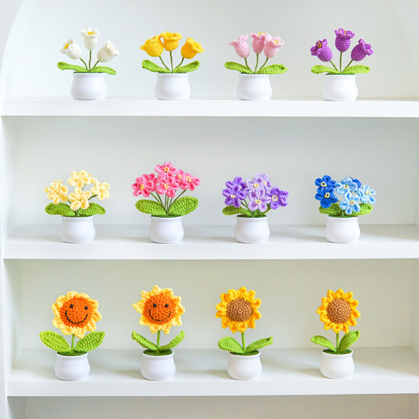 Hvit gul liten Daisy 6 hoder, imitasjon grønn plante DIY håndlaget
