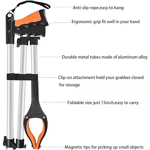 2 stk. 43 tommers søppelplukkere, oppgraderte sammenleggbare magnetiske plukkeverktøy for voksne, oransje